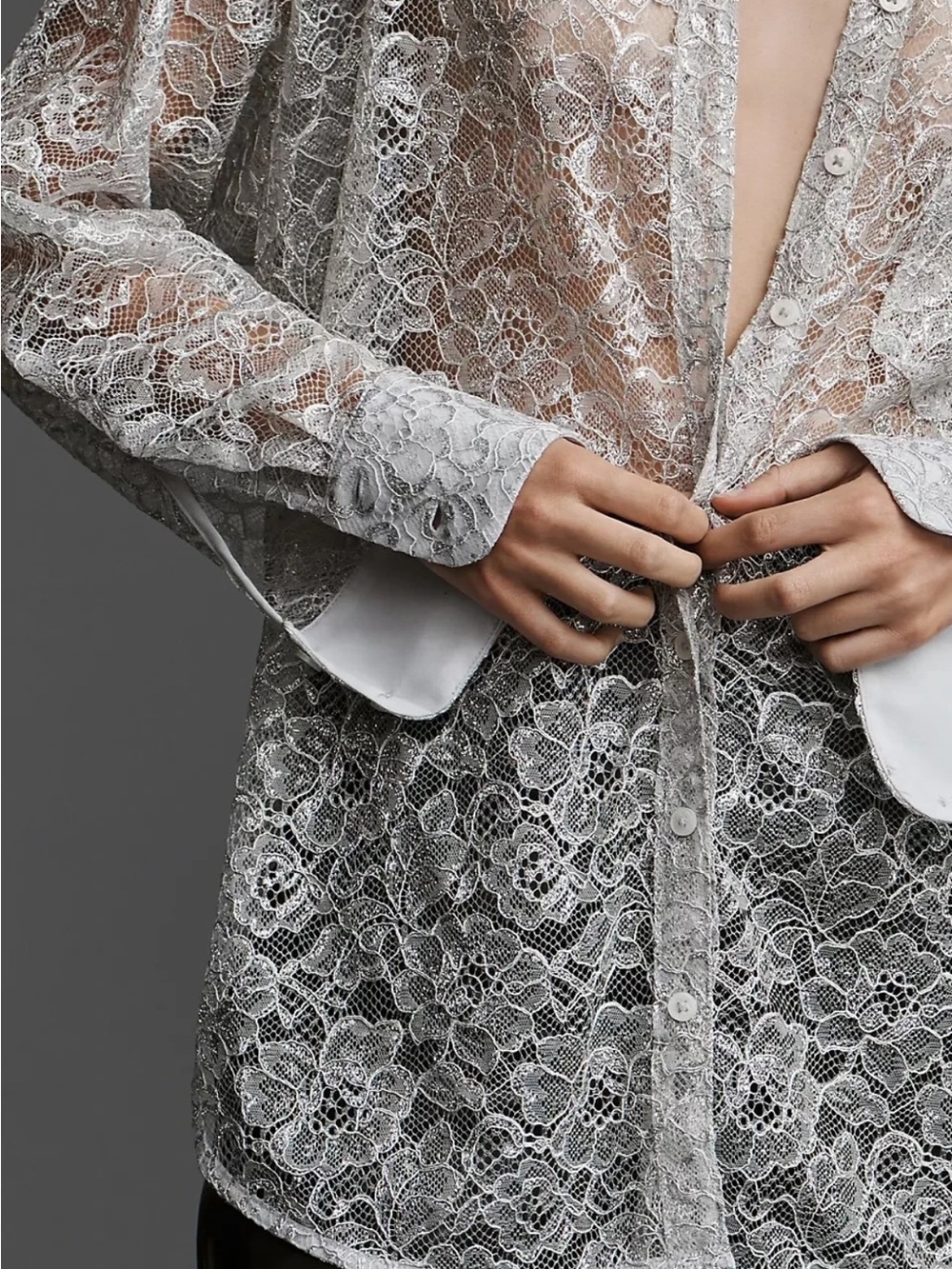 By Anthropologie Metallic Lace Buttondown Shirt Sz XS GRAY Part Top Long Sleeve - Picture 4 of 14